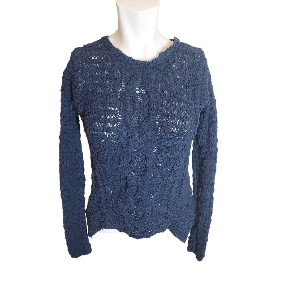 Moth Anthropologie Boho Open Knit Sweater High Low Crochet Scoop Neck Navy Sz XS